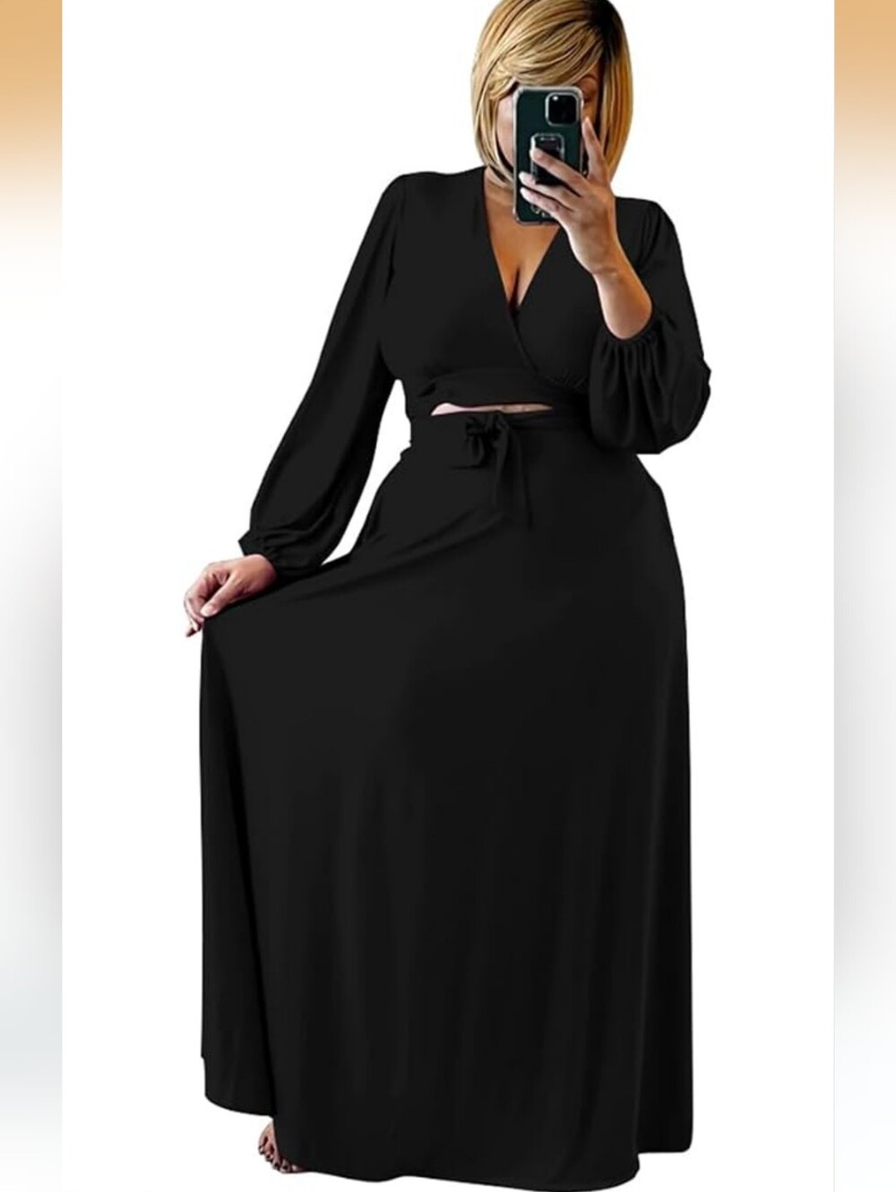 Curvy 2 Piece Long Sleeve Wrap Crop Top Maxi Skirt